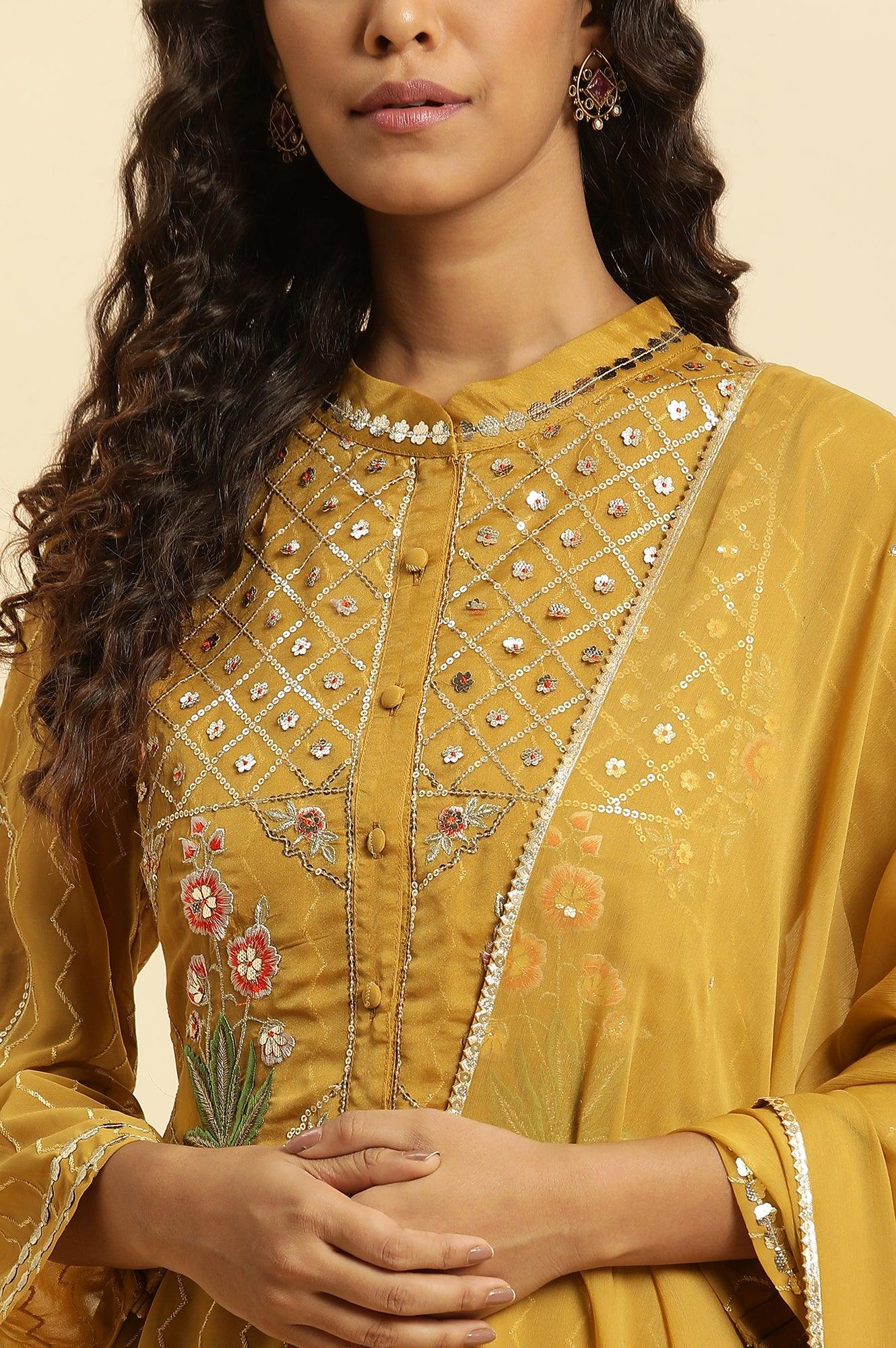 Yellow Embroidered Kurta, Pants And Dupatta Set - Image 5