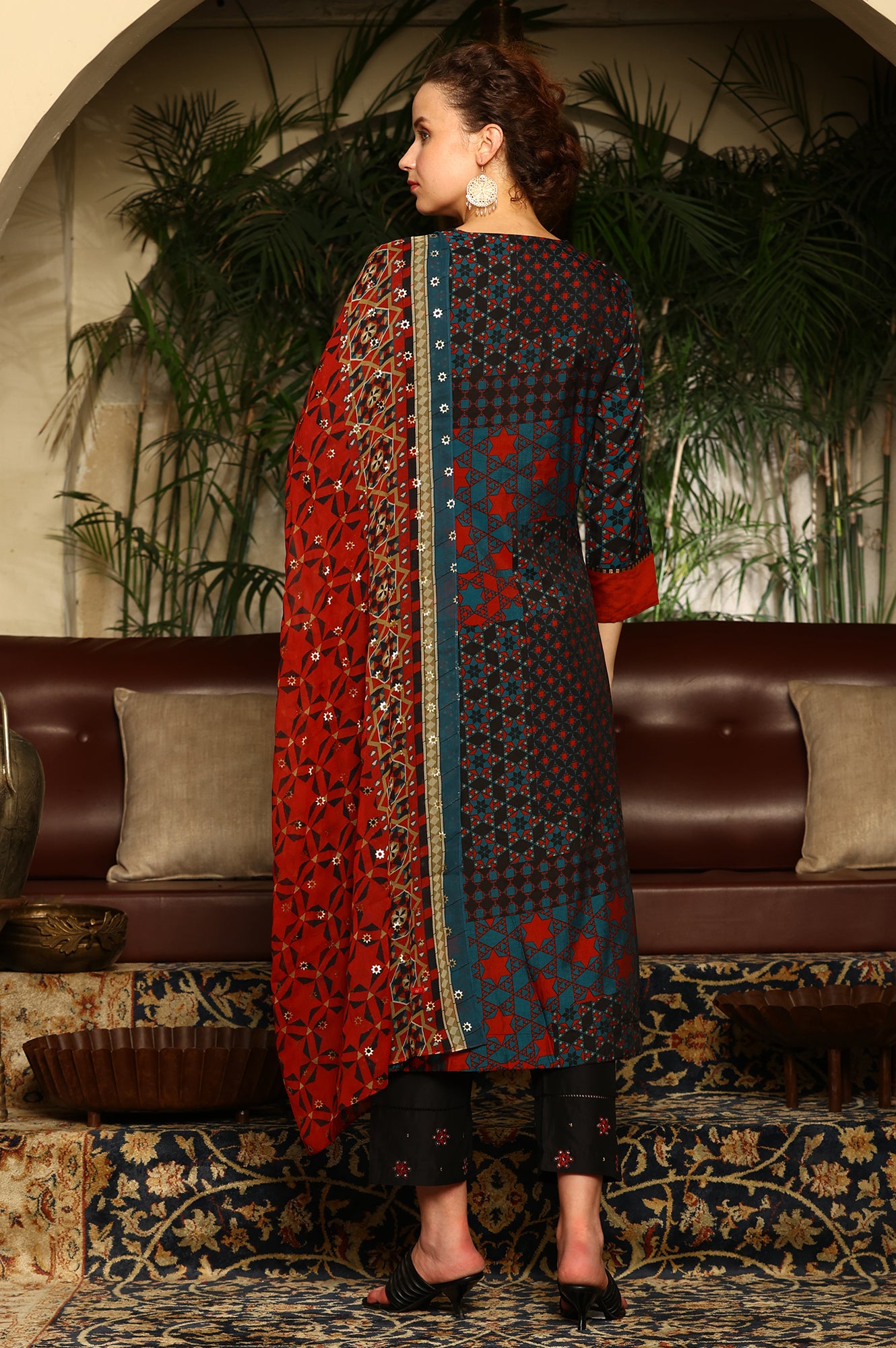 Black Multi-Coloured Patch Printed Metallic Embroidered A-Line Kurta, Pants And Dupatta Set - Image 2