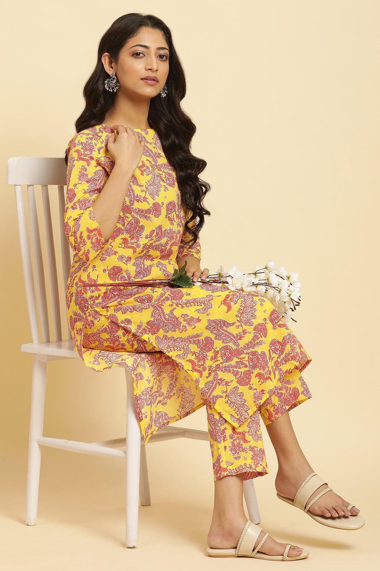 Yellow Floral Printed Cotton Kurta And Pants Co-Ord Set - Image 5