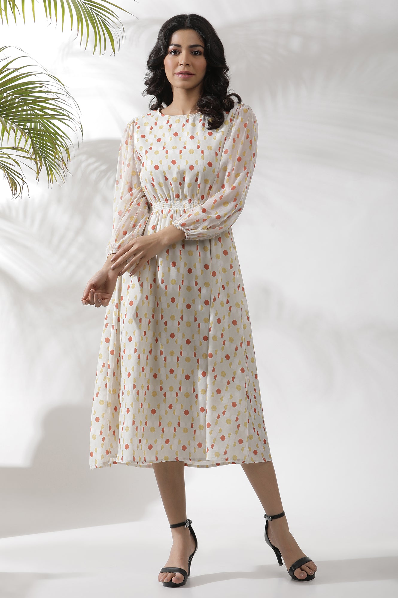 White Polka Dot Printed Gathered Western Dress - Image 10