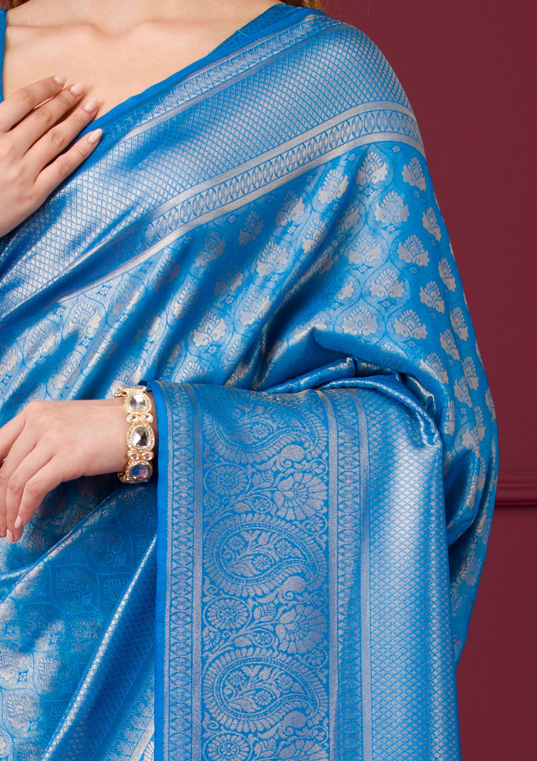 Turquoise Blue Zariwork Art Silk Saree - Image 2