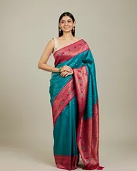 Rama Green Buta Patterned Saree with Floral Leaf Border - Image 4