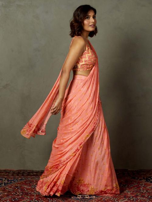 Coral Blue Rose Pre-Draped Saree - Image 3